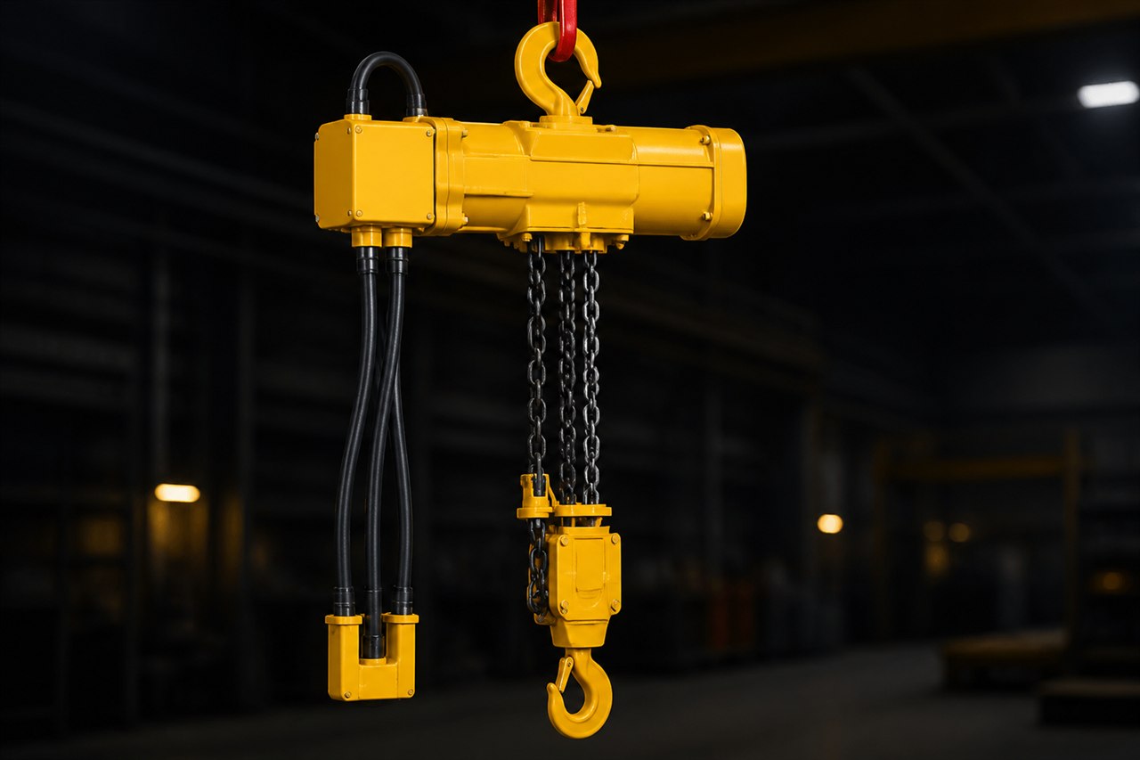 Heavy-duty yellow electric chain hoist and lifting hook